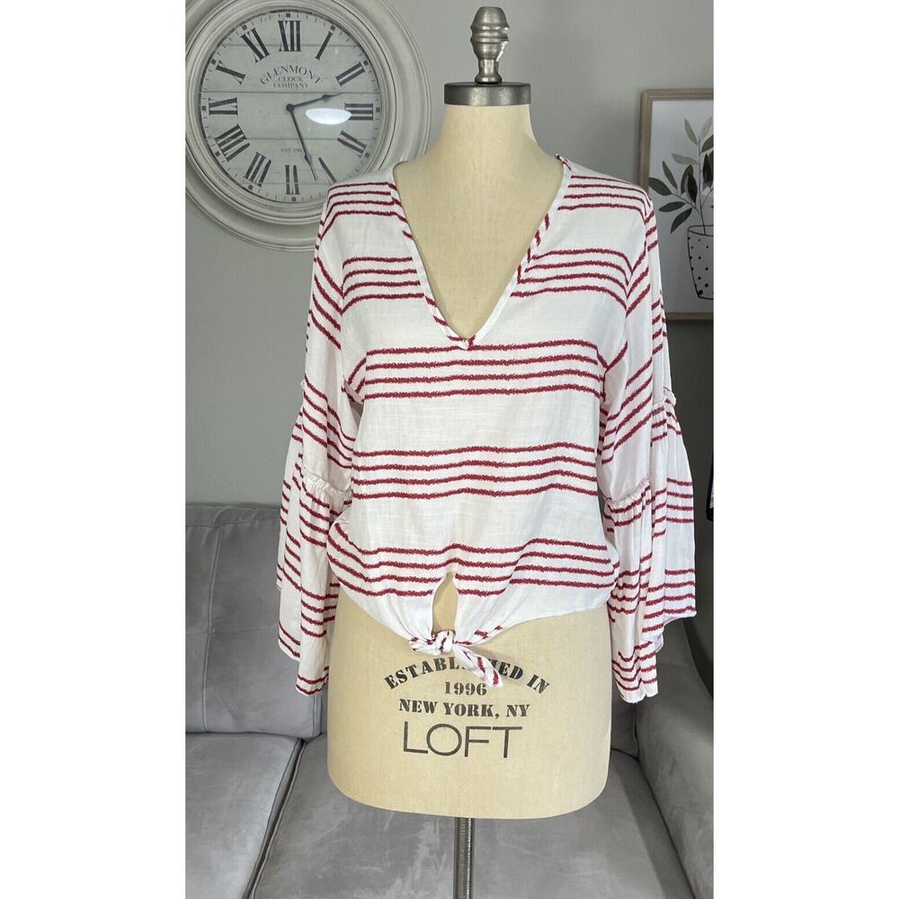 Lavender Field Womens Blouse S Top Bell Sleeves Cropped Tie Front Striped Boho